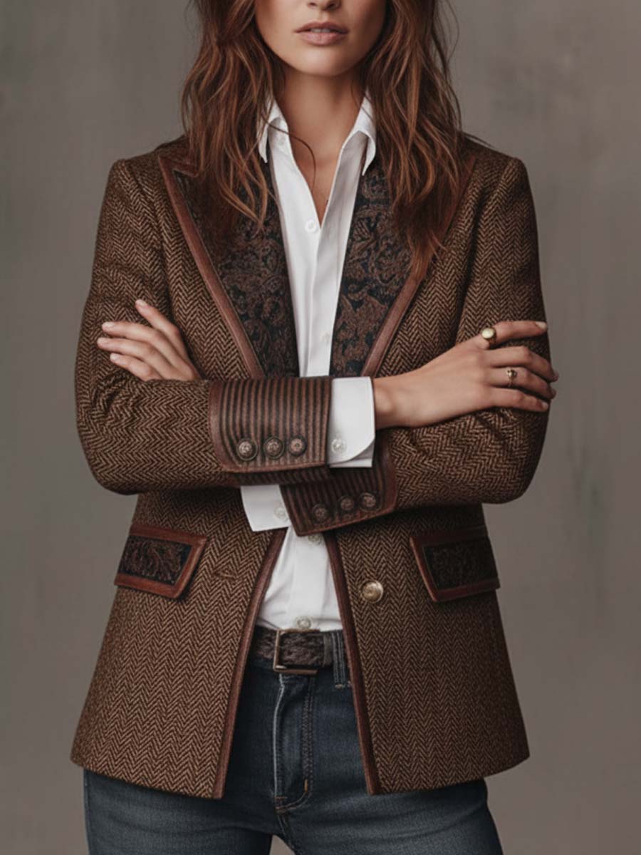 Blazer de Mujer en Espiga con Paneles Estampados
