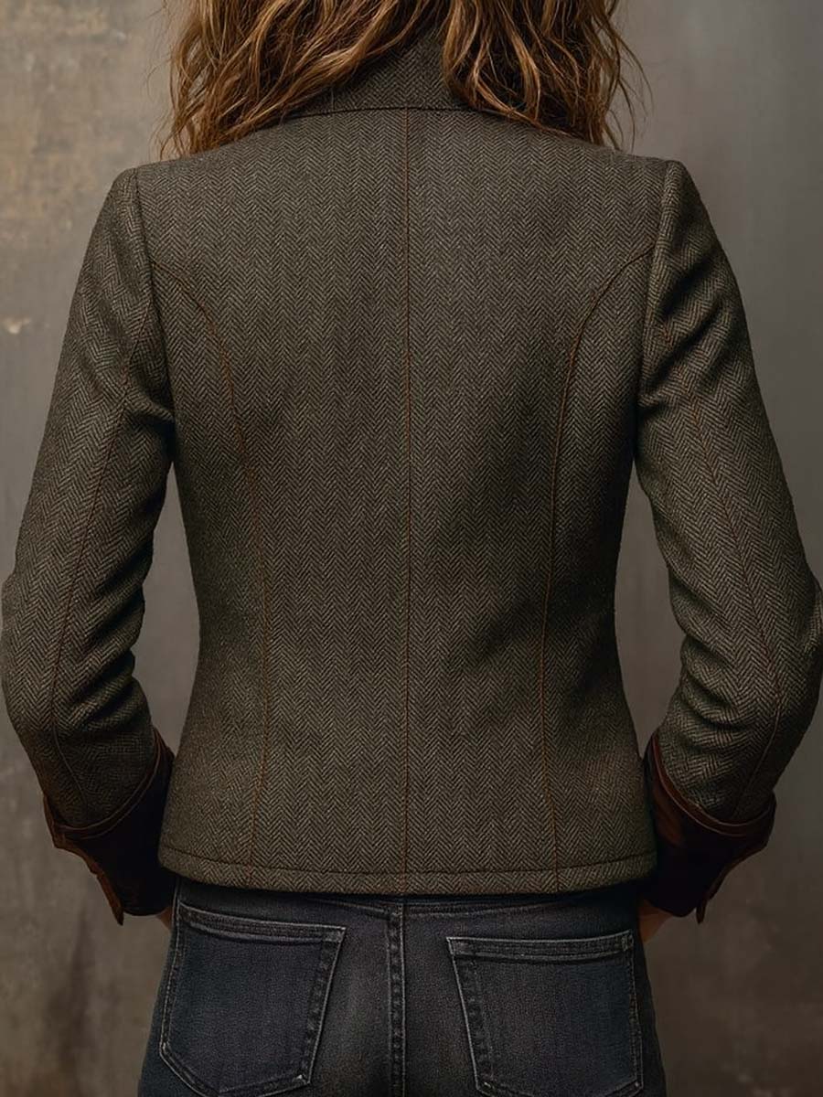 Blazer Vintage de Mujer en Espiga con Bordes en Contraste