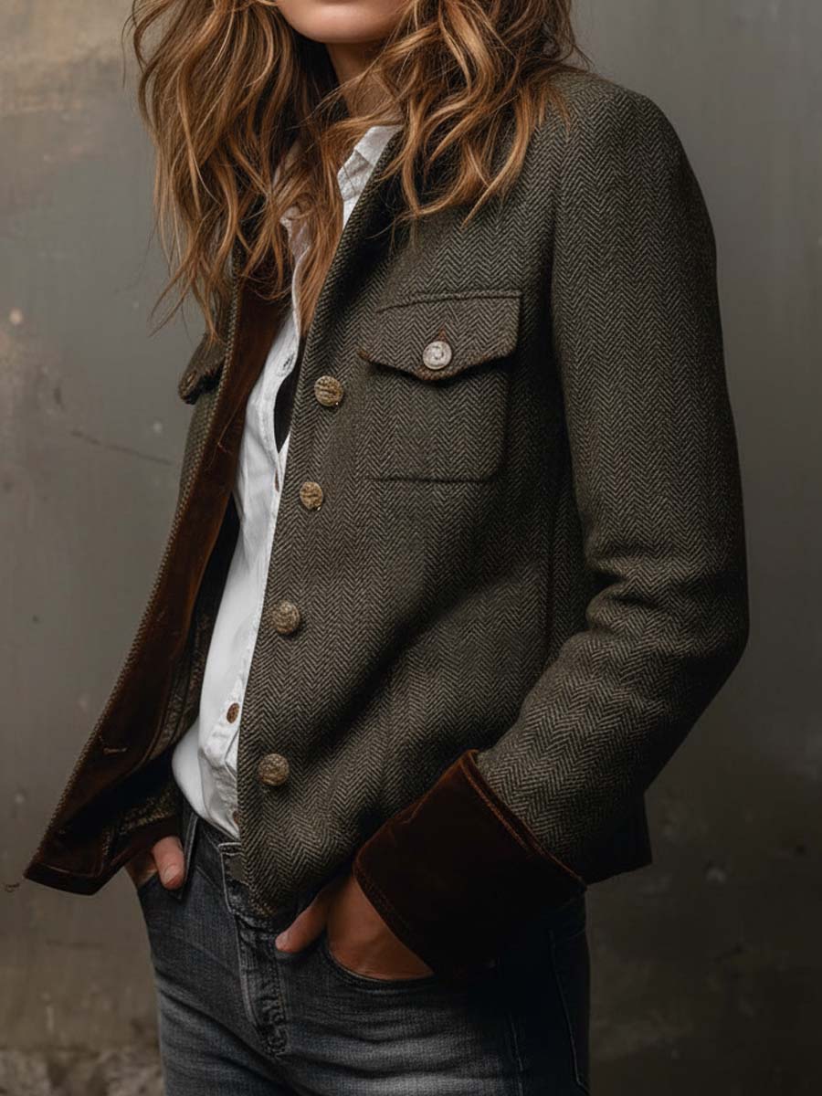 Blazer Vintage de Mujer en Espiga con Bordes en Contraste