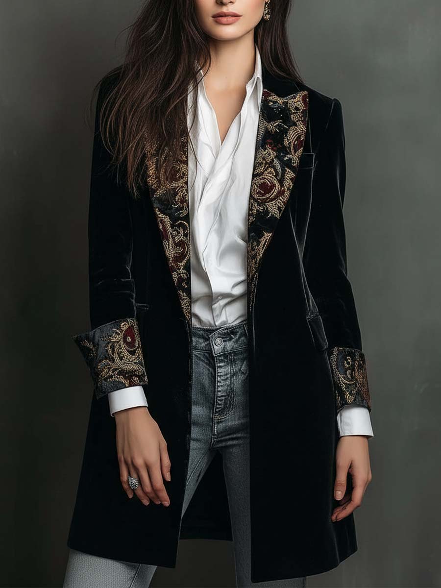Blazer Negro Entallado de Mujer con Solapa y Estampado Barroco
