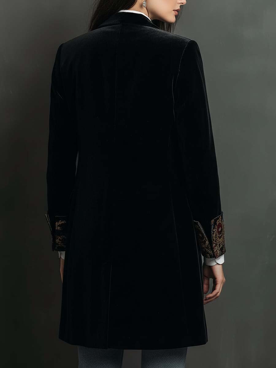 Blazer Negro Entallado de Mujer con Solapa y Estampado Barroco