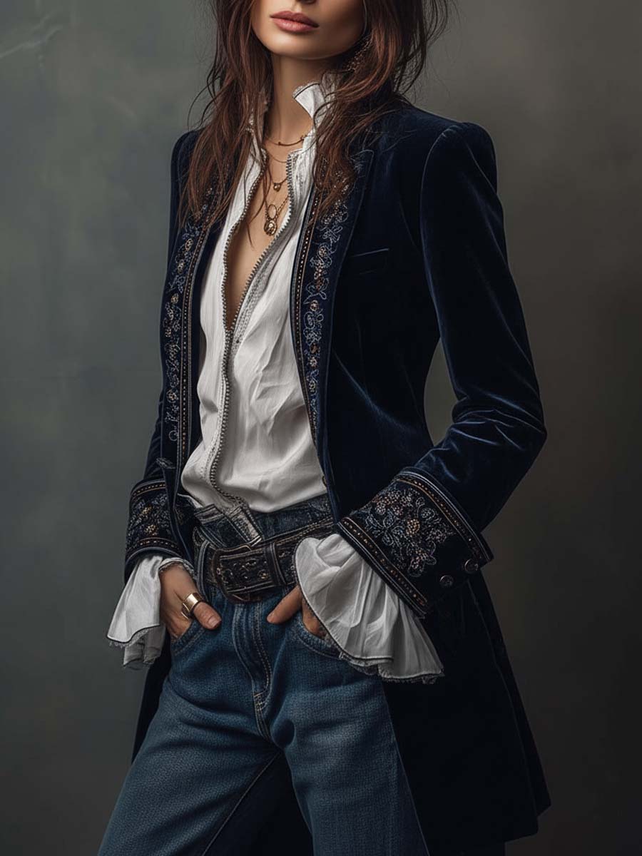 Blazer Largo Vintage de Mujer Azul Marino Bordado