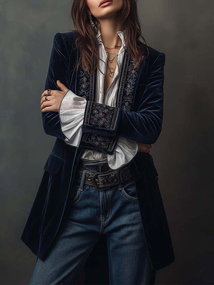 Blazer Largo Vintage de Mujer Azul Marino Bordado