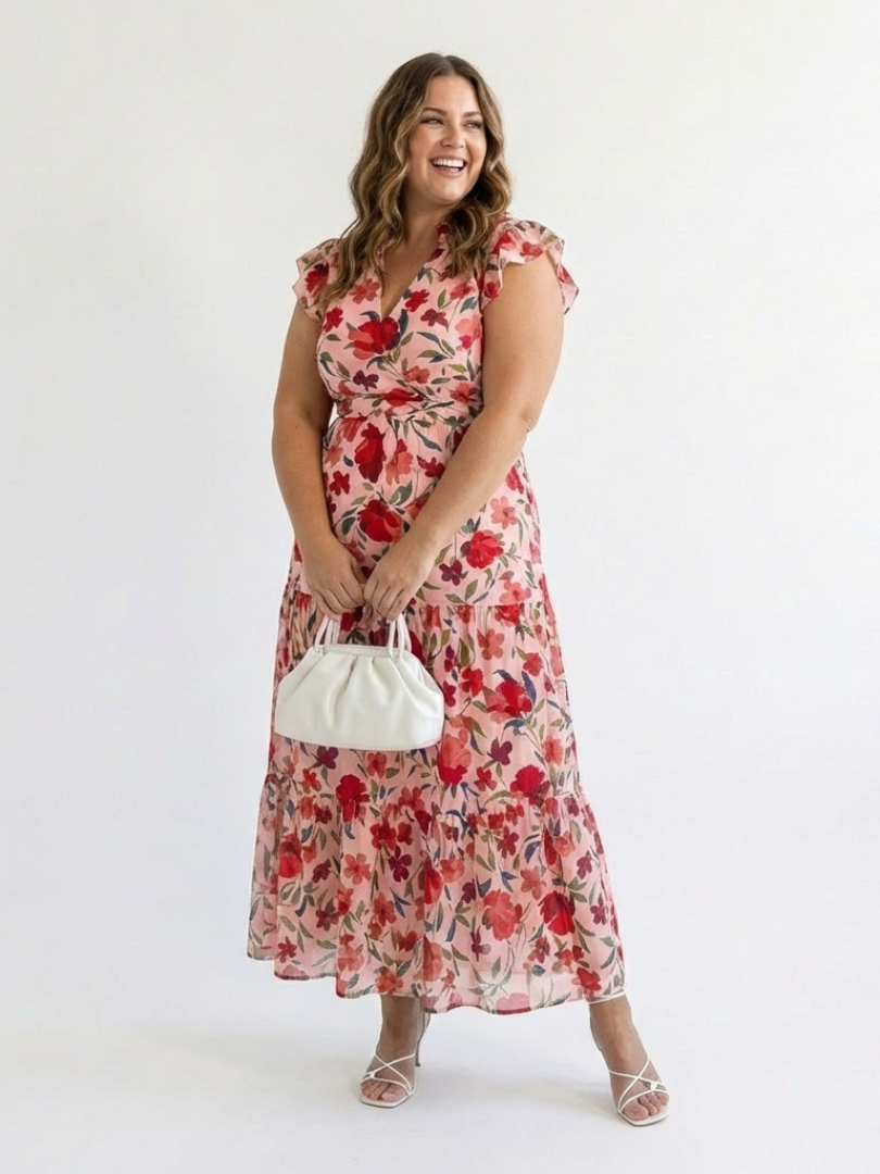 Vestido midi floral escalonado con cuello en V