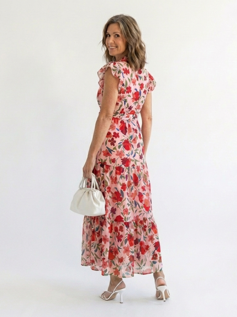 Vestido midi floral escalonado con cuello en V