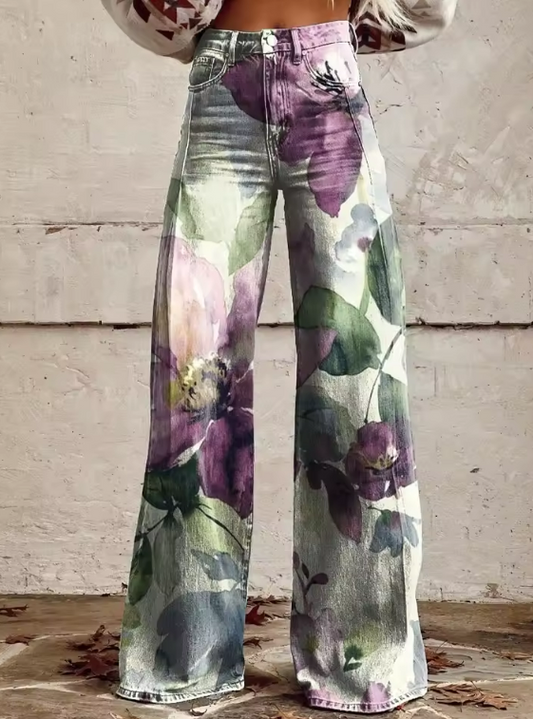 Jeans Anchos Florales Bohemios