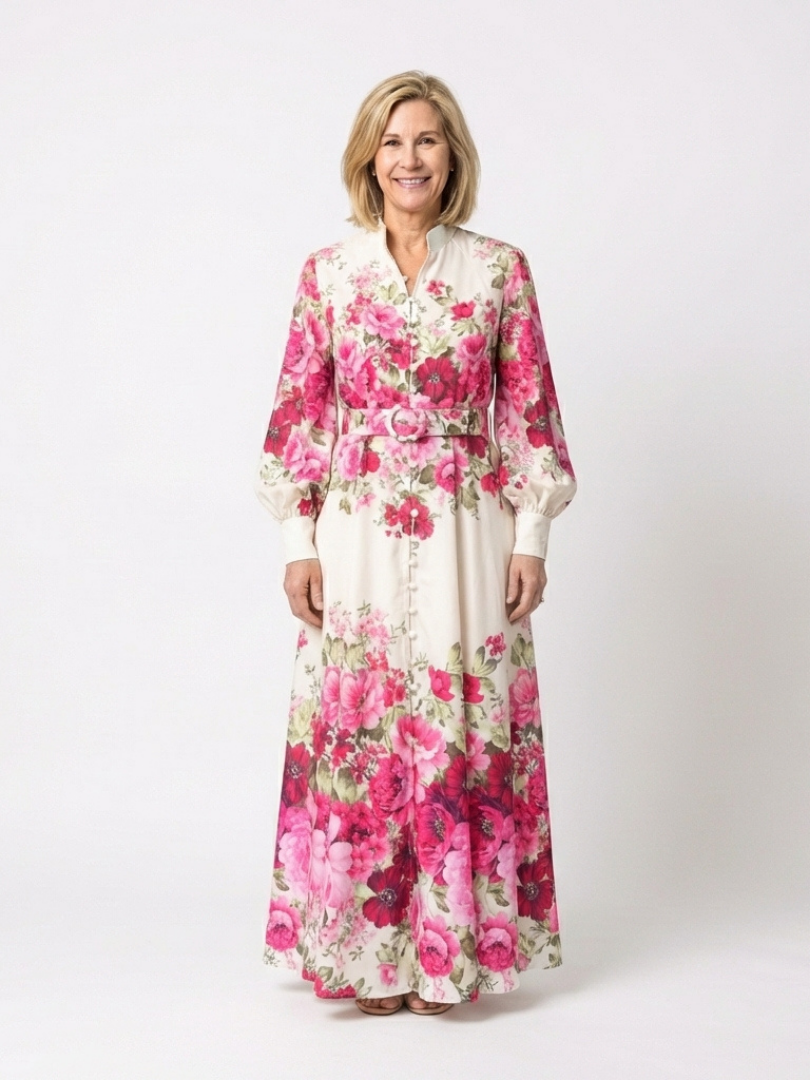 Vestido largo floral de manga larga con cinturón