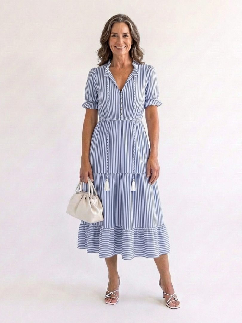 Dakota - Vestido midi de manga corta a rayas y falda escalonada