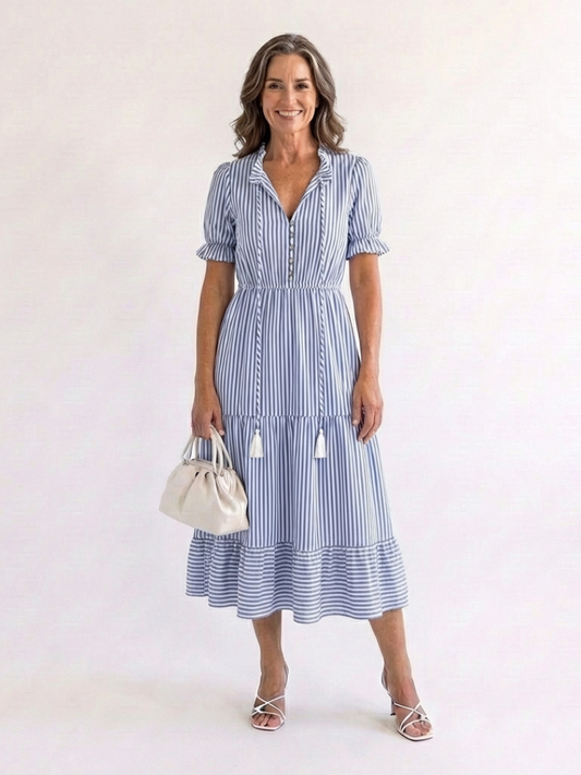 Dakota - Vestido midi de manga corta a rayas y falda escalonada