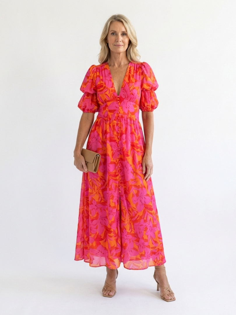 Willow - Vestido midi floral con escote en V y mangas abullonadas