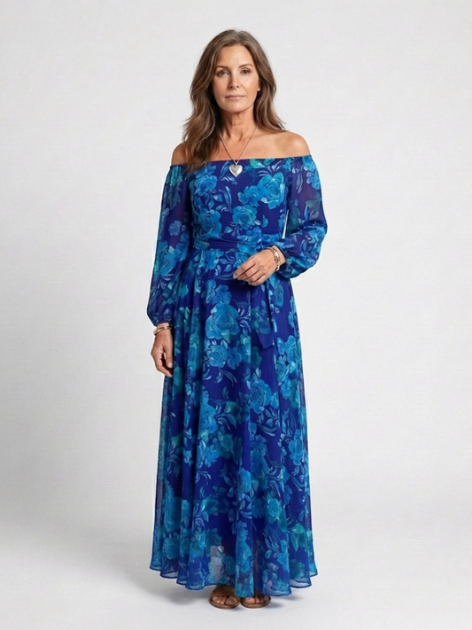 Vestido largo floral de hombros descubiertos