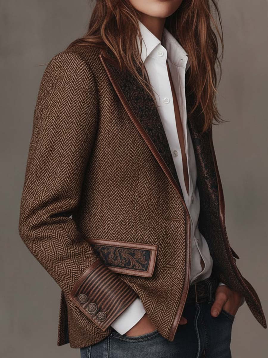 Blazer de Mujer en Espiga con Paneles Estampados
