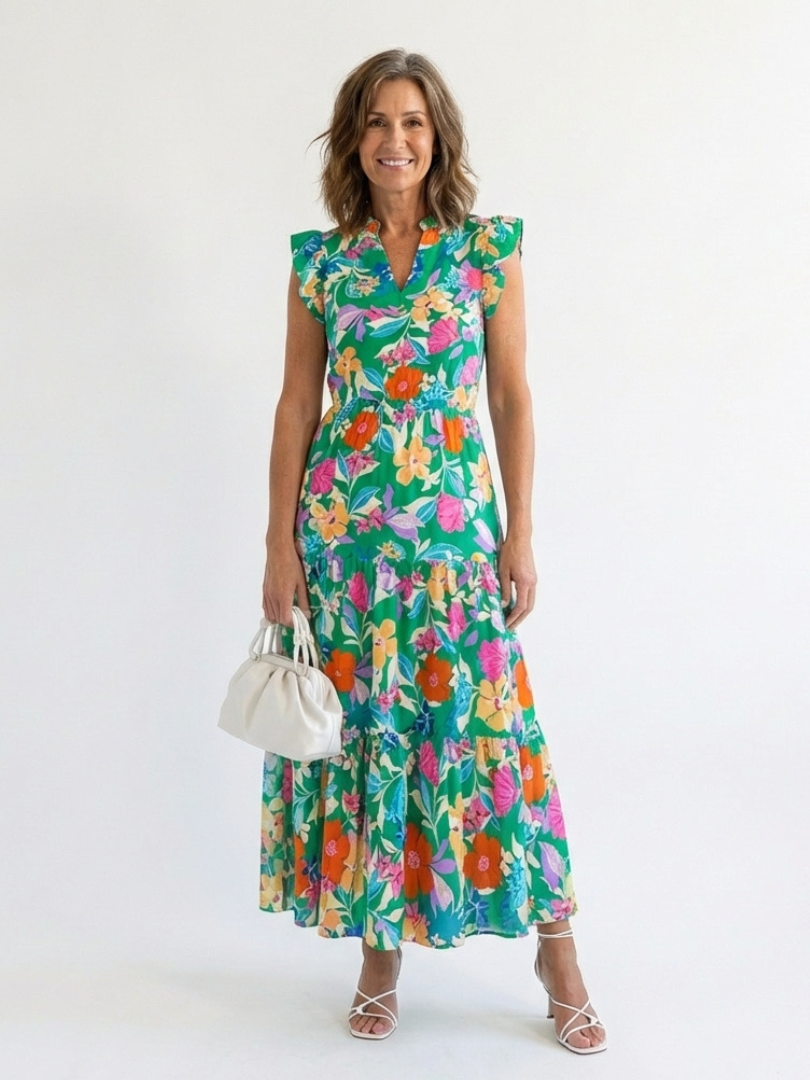 Vestido midi floral escalonado con cuello en V