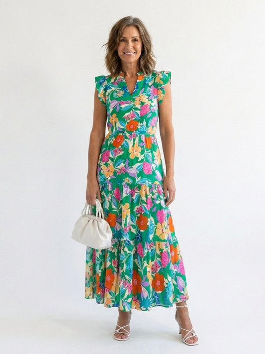 Vestido midi floral escalonado con cuello en V