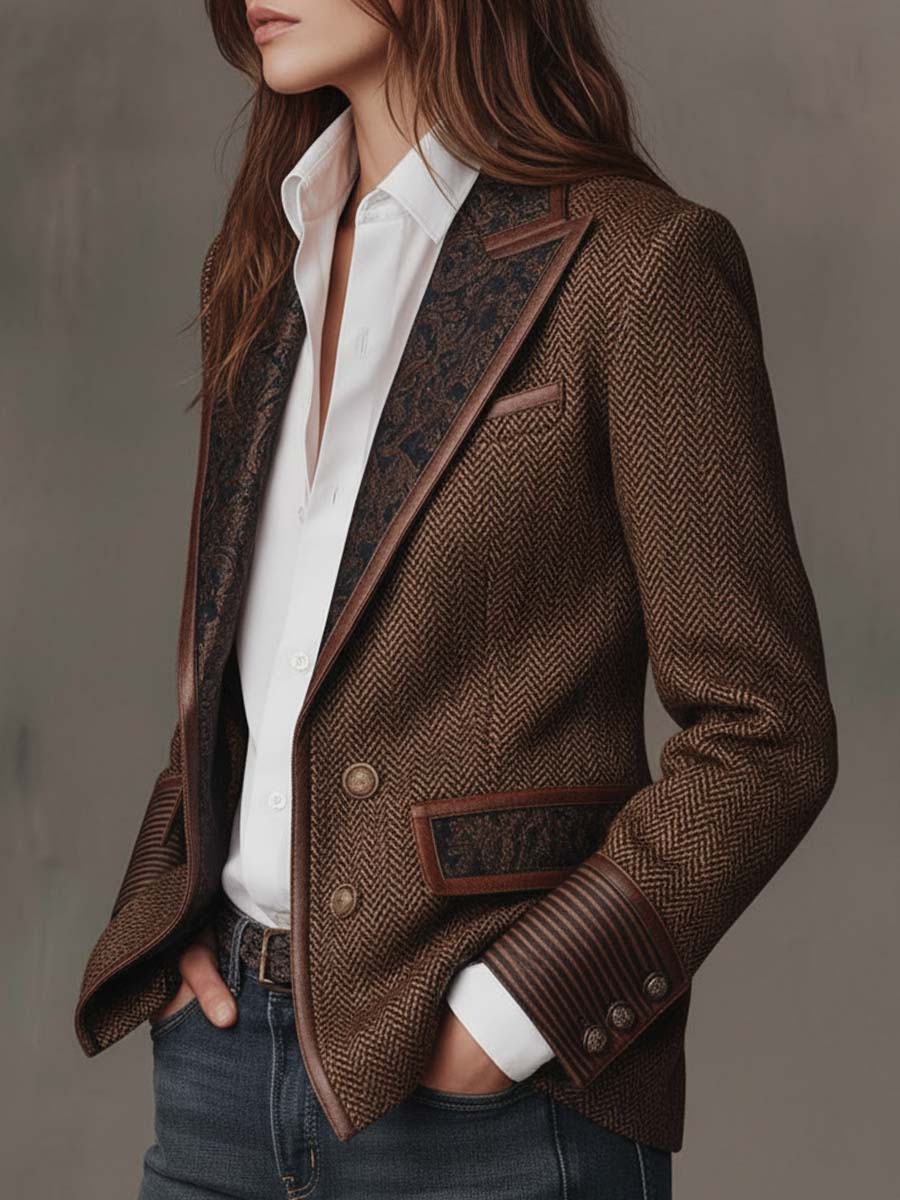 Blazer de Mujer en Espiga con Paneles Estampados