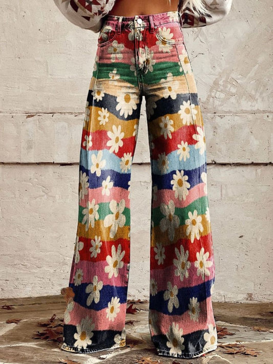 Jeans Anchos Florales Bohemios