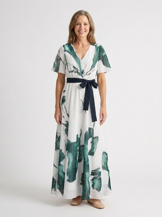 Vestido largo con mangas de volantes y cinturón