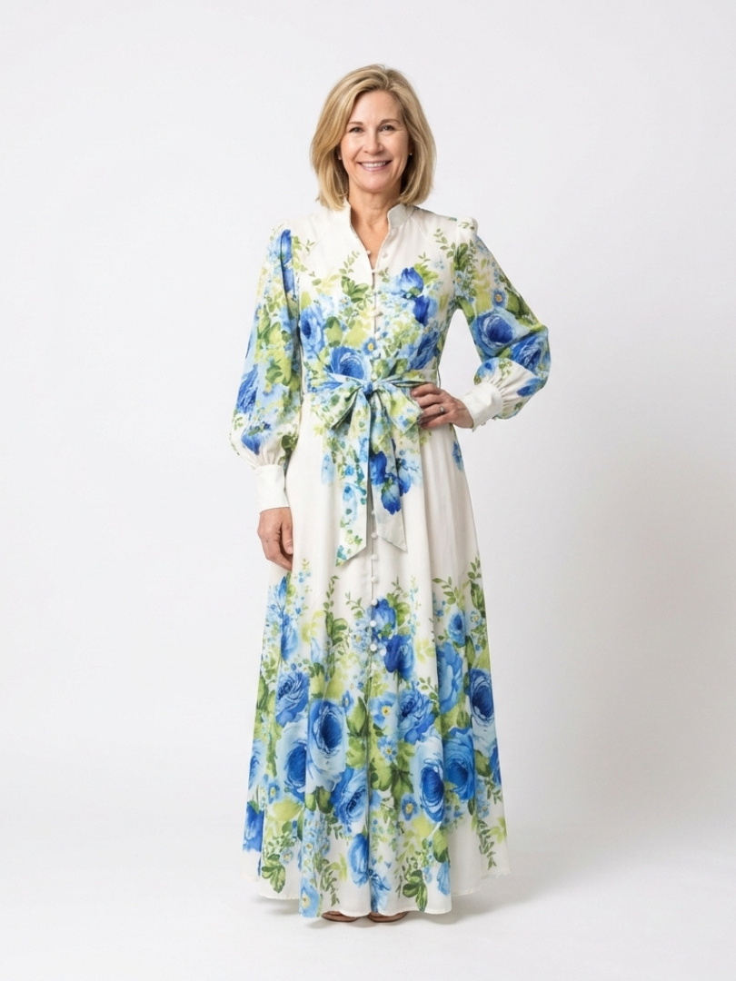 Vestido largo floral de manga larga con botones delanteros