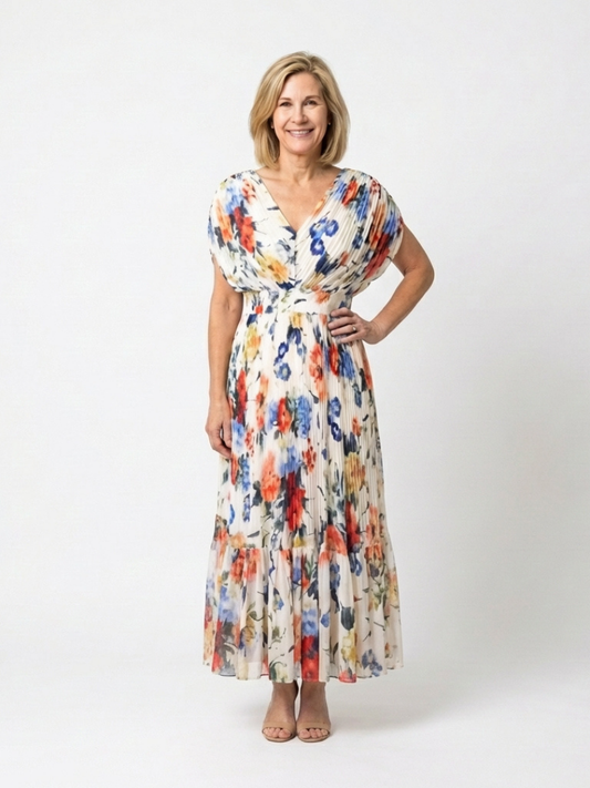 Vestido midi floral plisado de manga corta