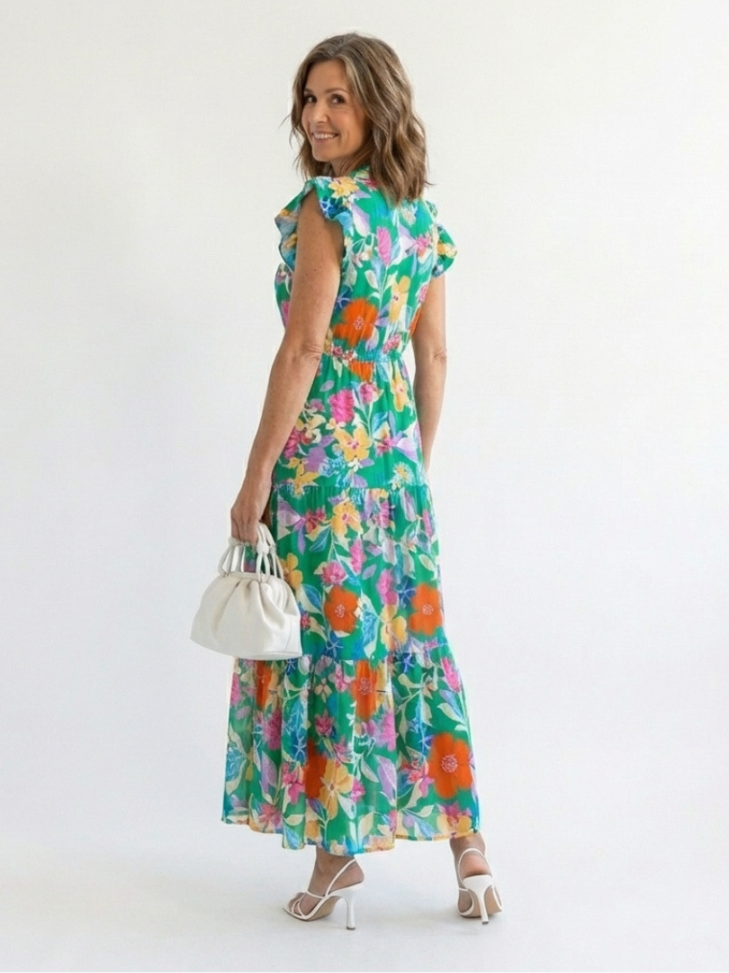 Vestido midi floral escalonado con cuello en V