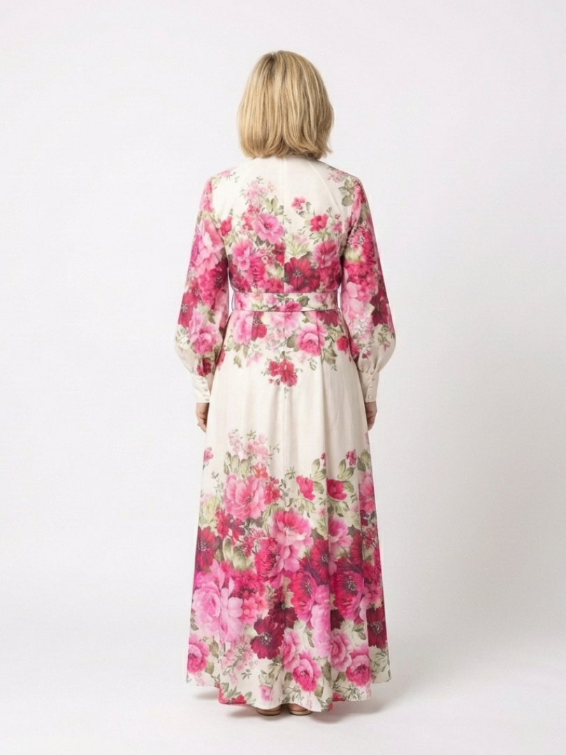 Vestido largo floral de manga larga con cinturón