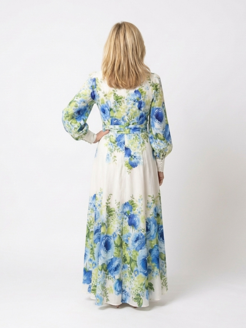 Vestido largo floral de manga larga con botones delanteros