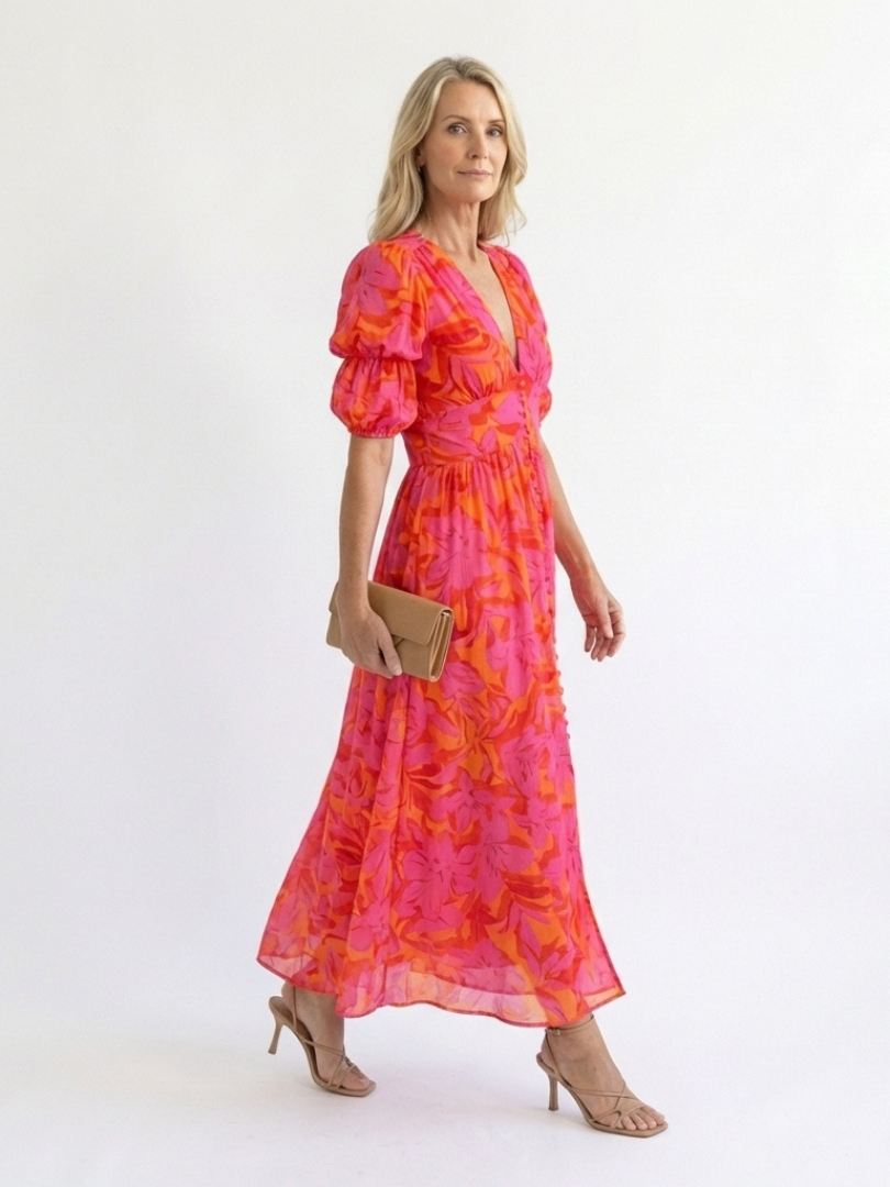 Willow - Vestido midi floral con escote en V y mangas abullonadas