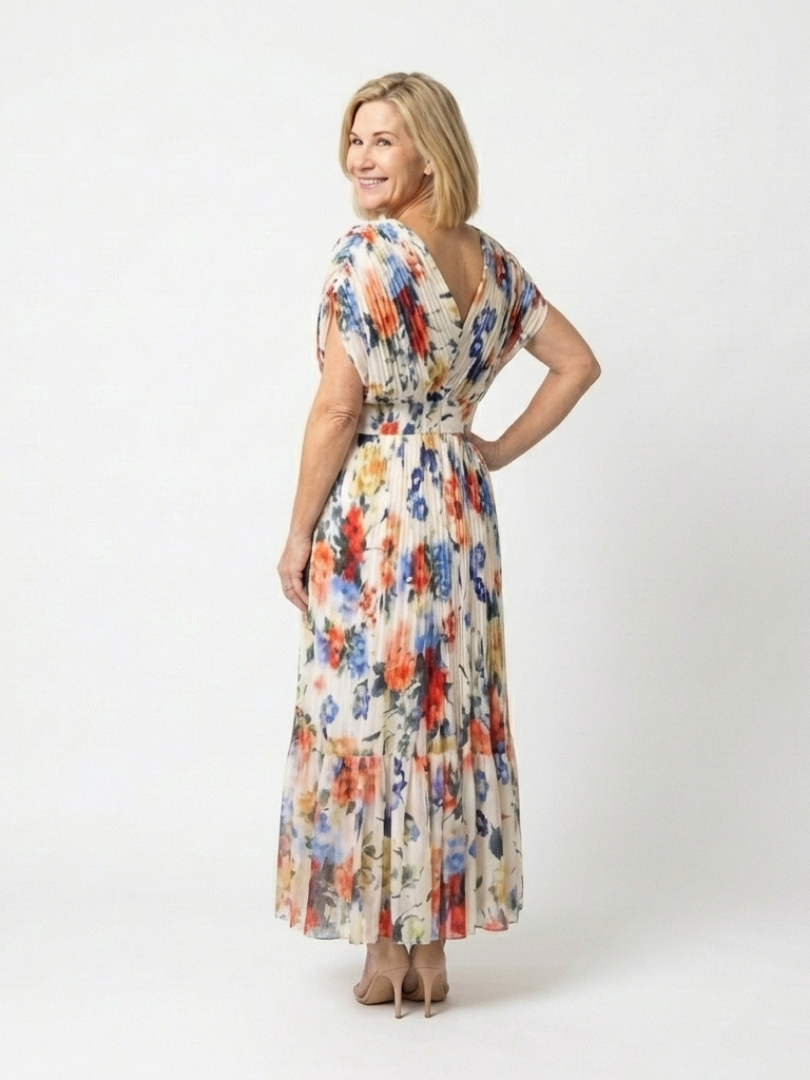 Vestido midi floral plisado de manga corta
