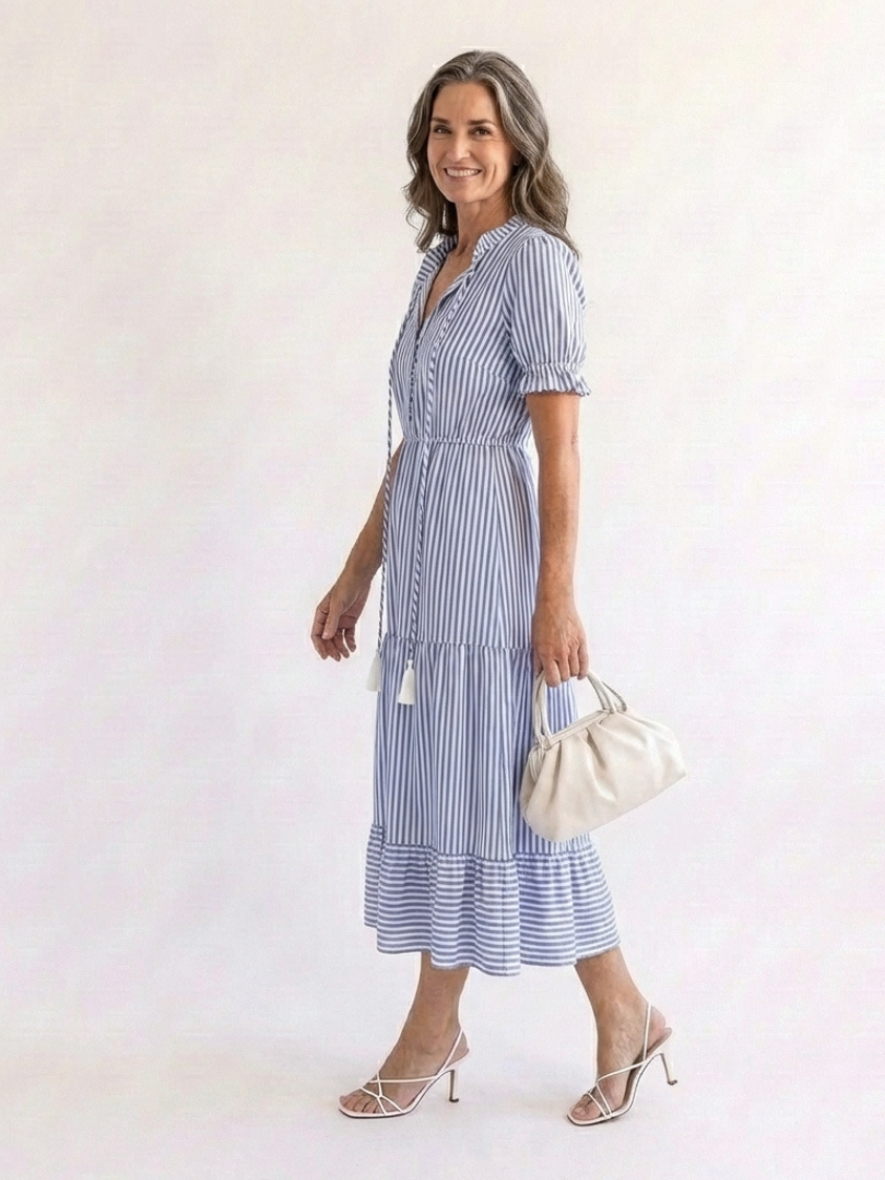 Dakota - Vestido midi de manga corta a rayas y falda escalonada