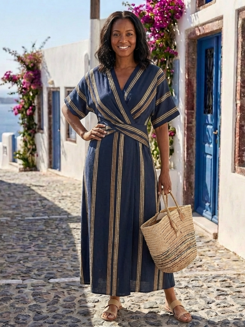 Vestido midi cruzado a rayas de manga corta con escote en V Saphira