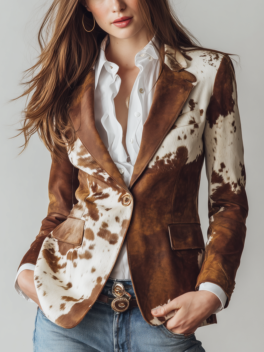 Blazer Vintage de Mujer con Estampado de Vaca