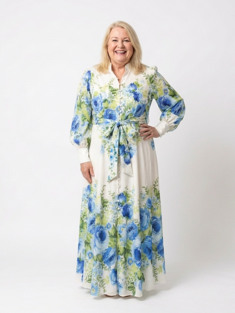 Vestido largo floral de manga larga con botones delanteros