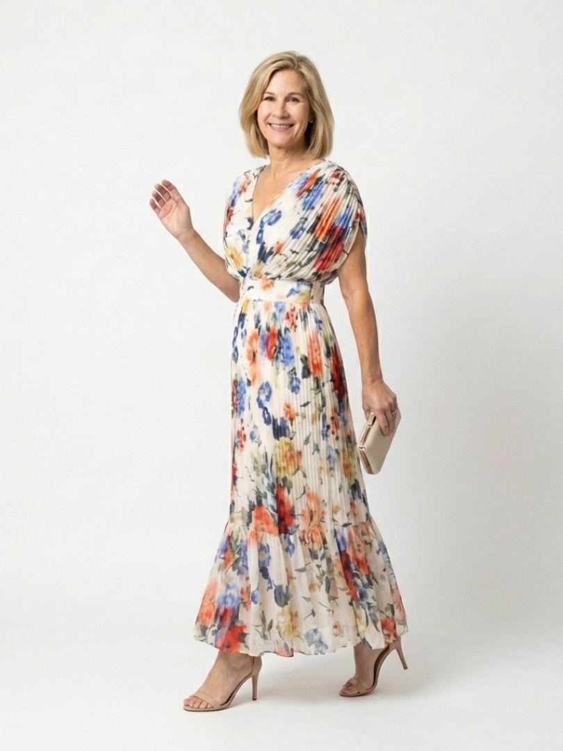 Vestido midi floral plisado de manga corta