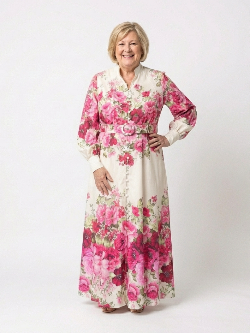 Vestido largo floral de manga larga con cinturón
