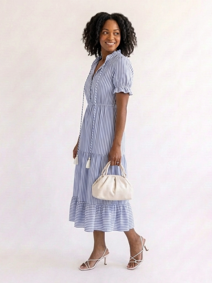 Dakota - Vestido midi de manga corta a rayas y falda escalonada