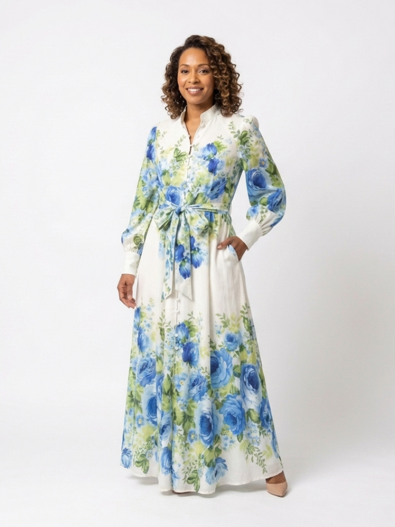 Vestido largo floral de manga larga con botones delanteros