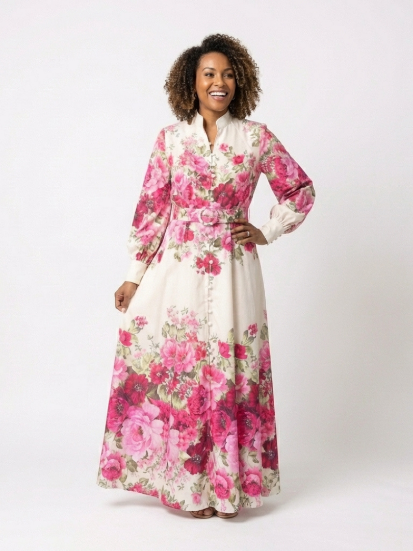 Vestido largo floral de manga larga con cinturón