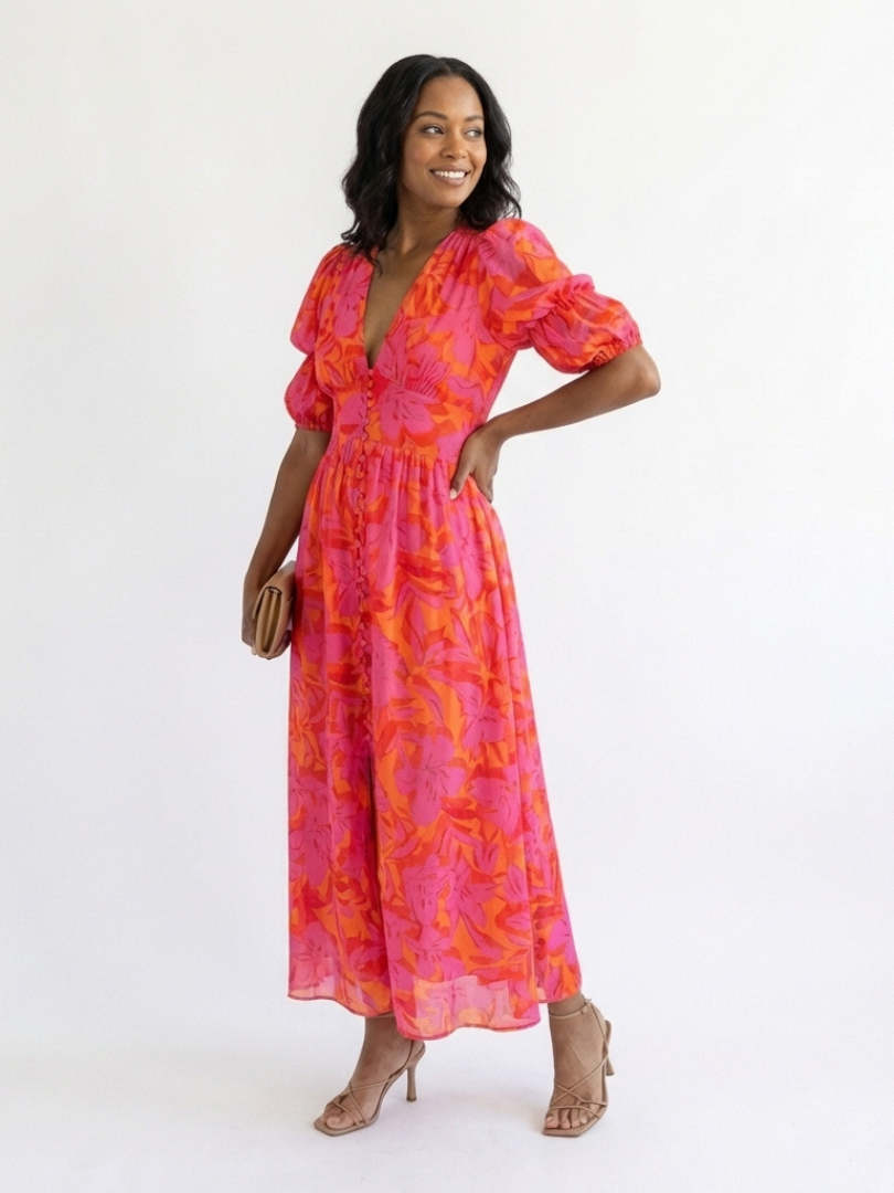 Willow - Vestido midi floral con escote en V y mangas abullonadas
