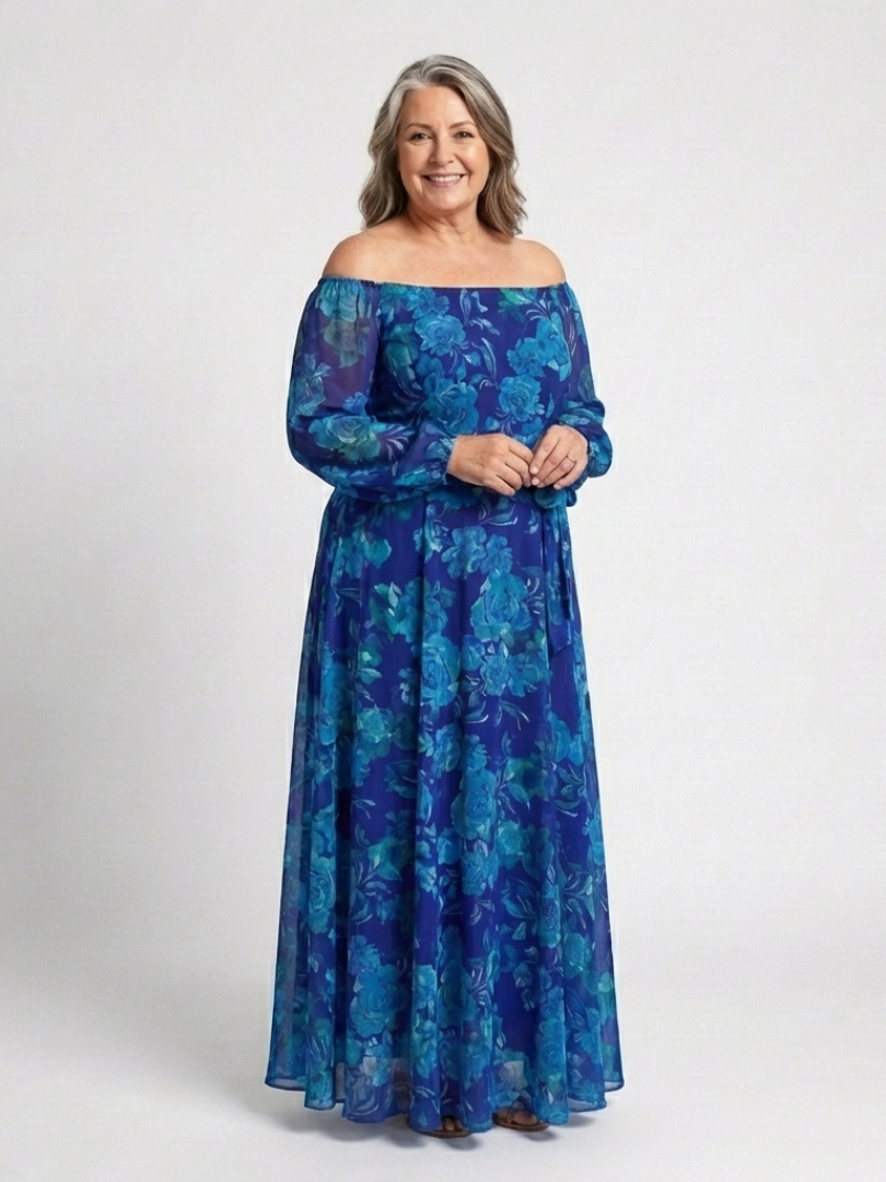 Vestido largo floral de hombros descubiertos