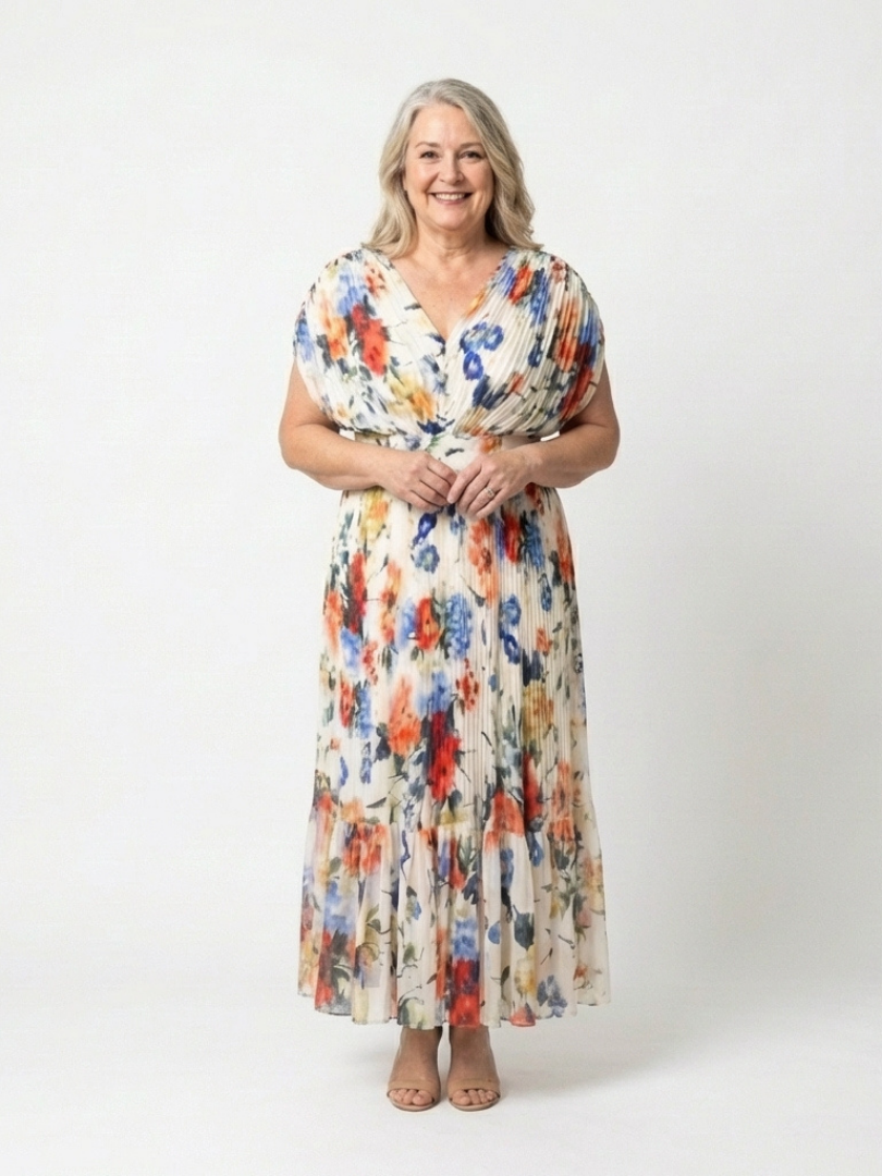 Vestido midi floral plisado de manga corta