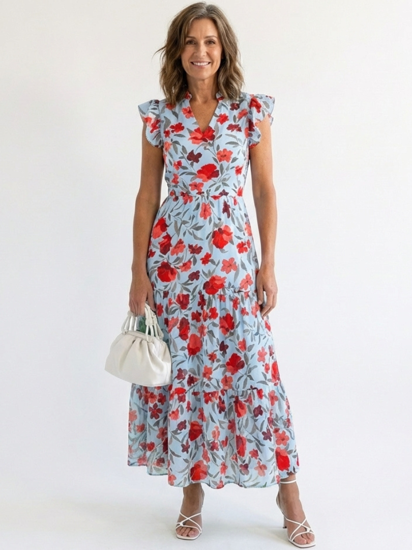 Vestido midi floral escalonado con cuello en V