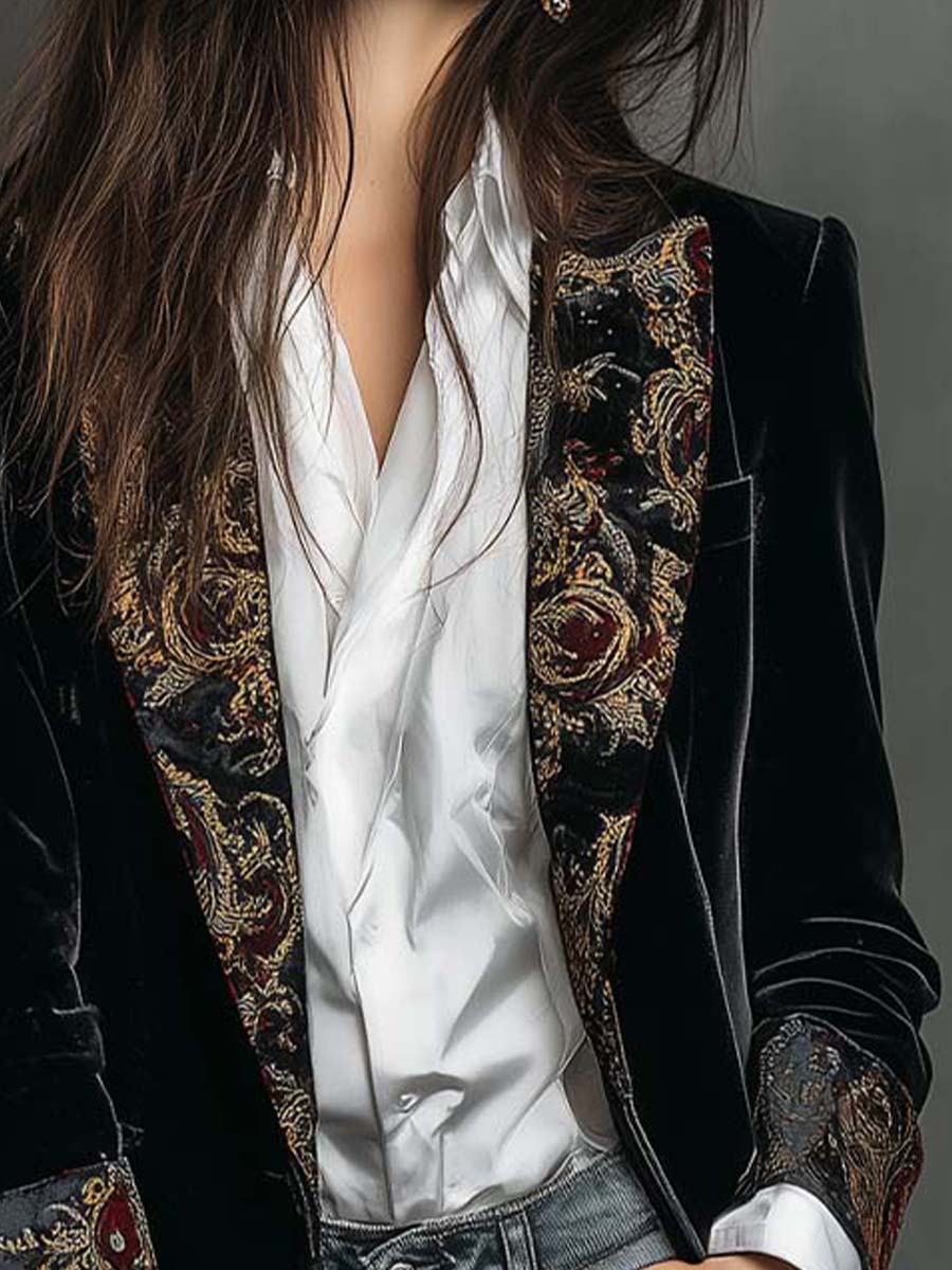 Blazer Negro Entallado de Mujer con Solapa y Estampado Barroco