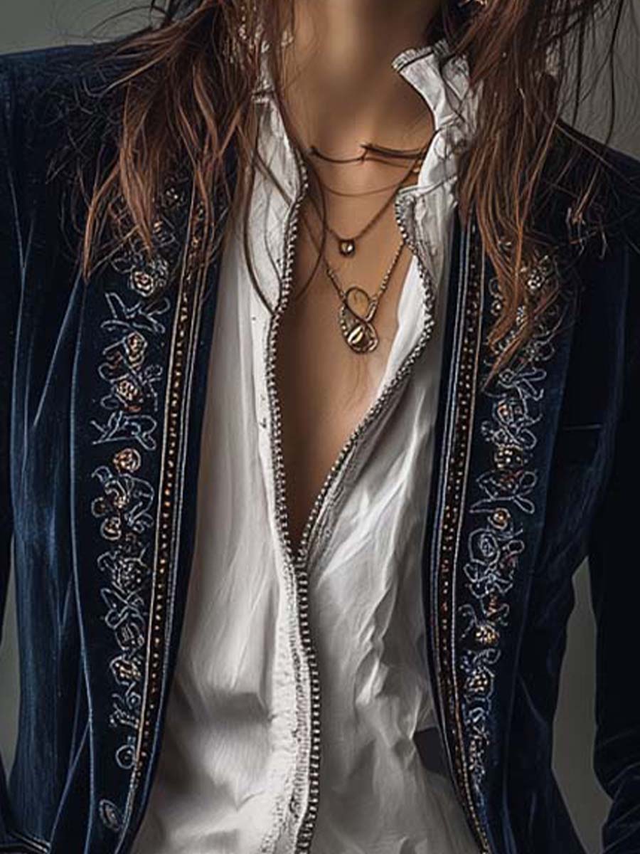 Blazer Largo Vintage de Mujer Azul Marino Bordado