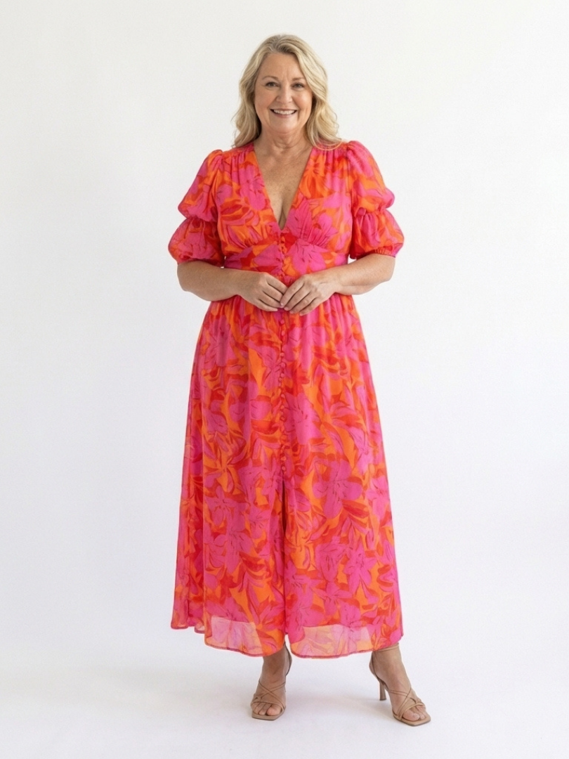 Willow - Vestido midi floral con escote en V y mangas abullonadas