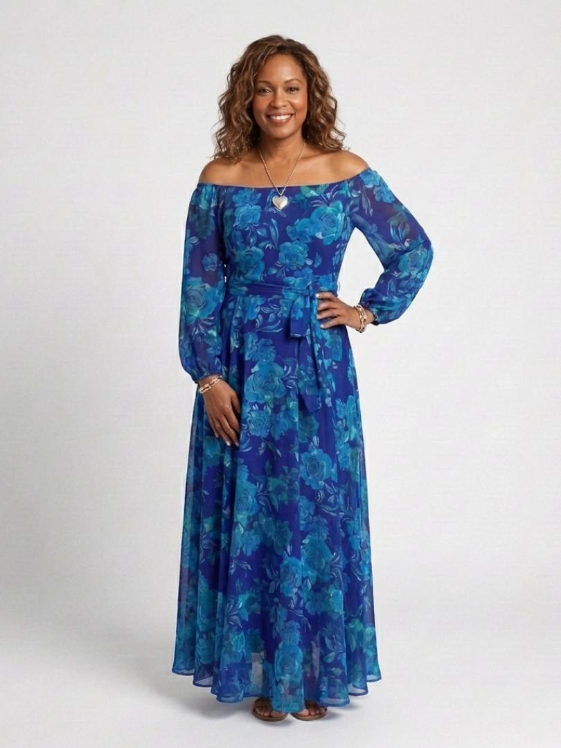 Vestido largo floral con escote descubierto