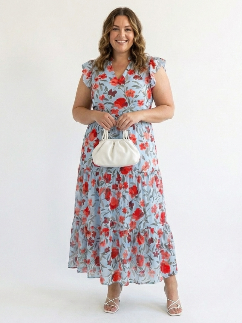 Vestido midi floral escalonado con cuello en V