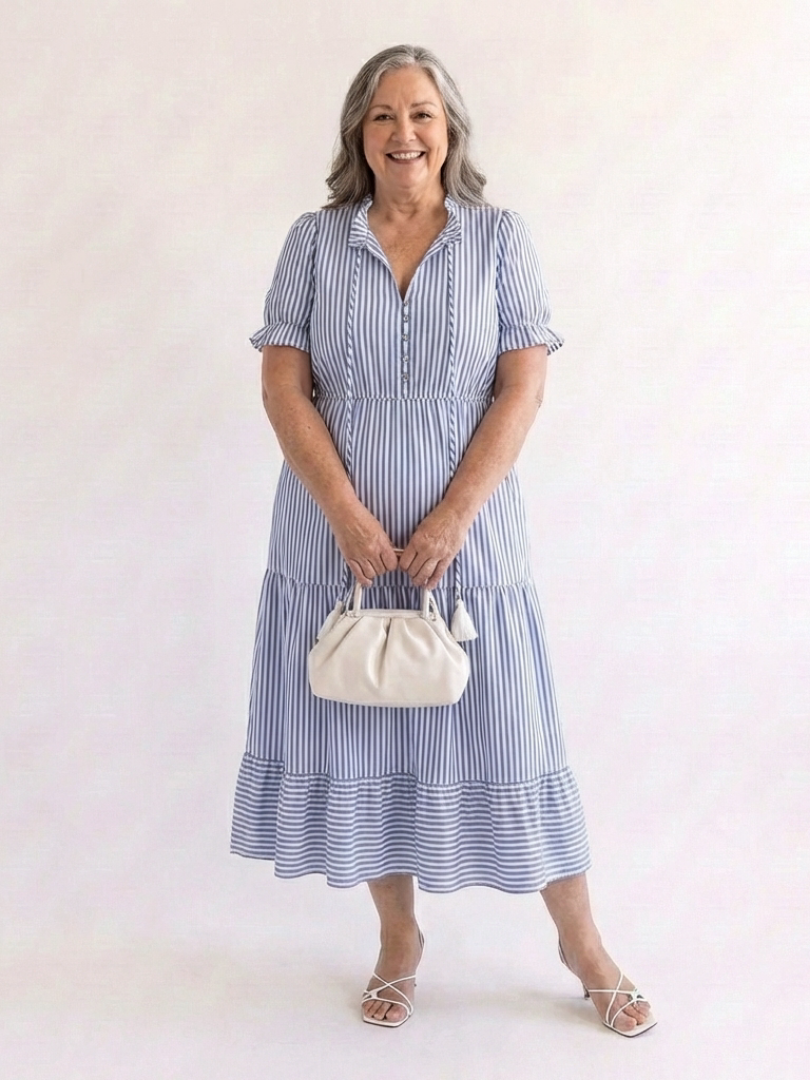Dakota - Vestido midi de rayas escalonado y manga corta