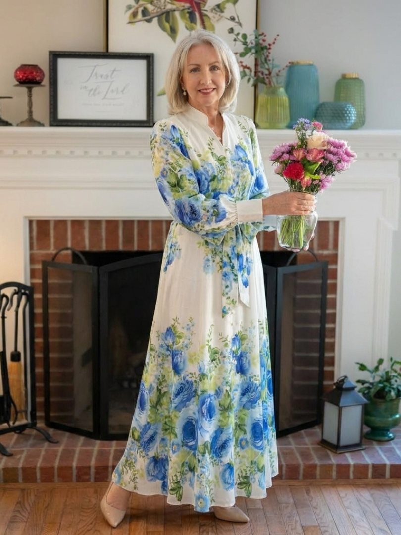 Vestido largo floral de manga larga con botones delanteros