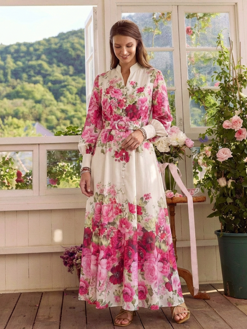 Vestido largo floral de manga larga con cinturón