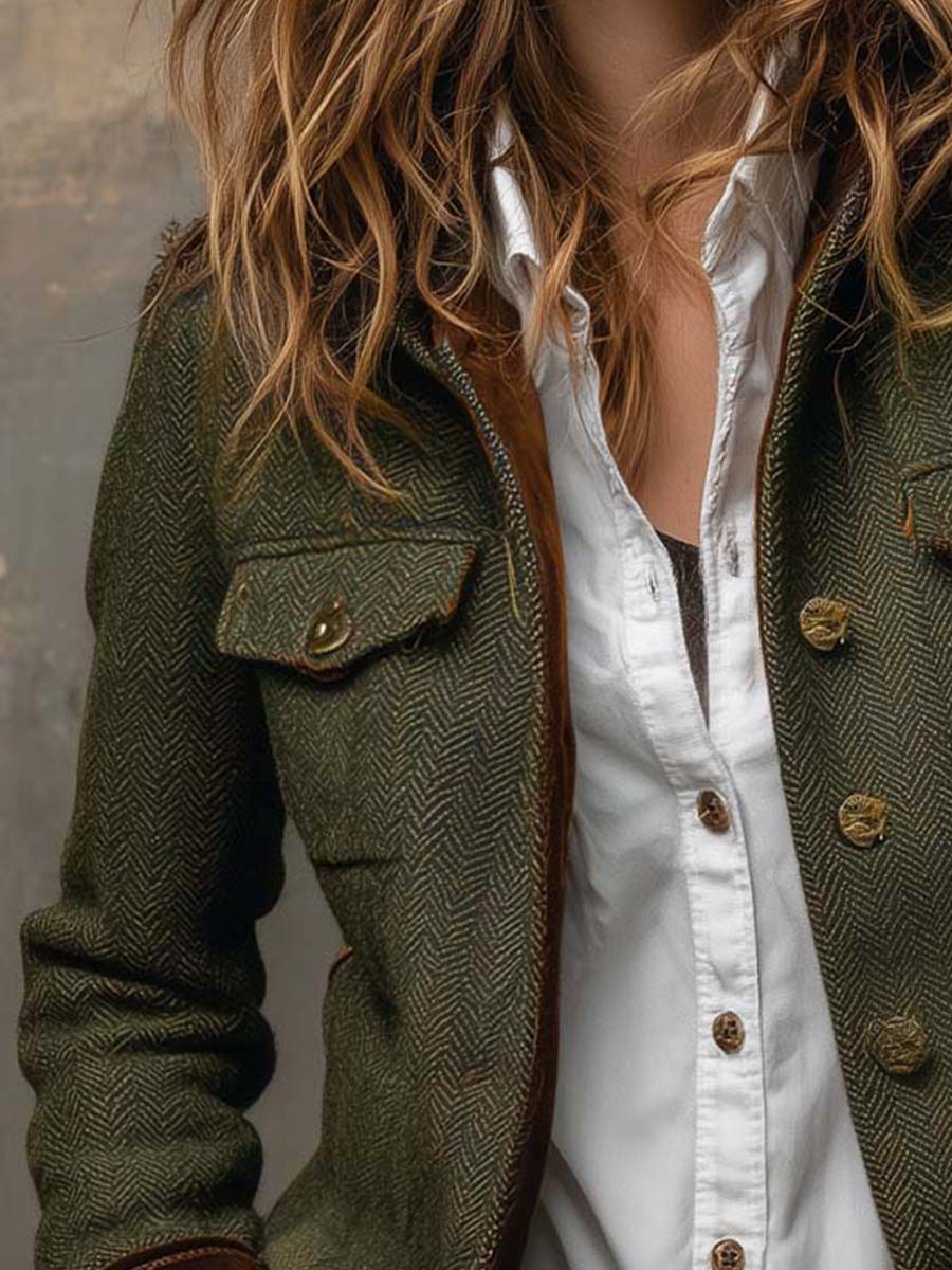 Blazer Vintage de Mujer en Espiga con Bordes en Contraste